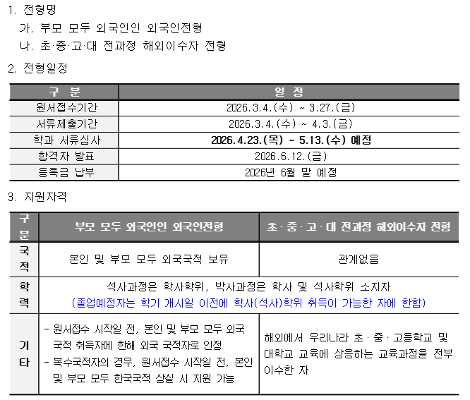 2026학년도 후기 대학원 외국인특별전형 일정안내